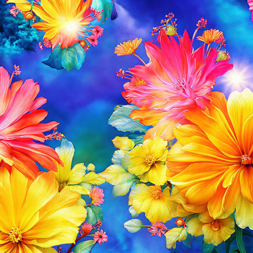 Colorful Blooming Flowers in Surreal Blue Sky Artwork