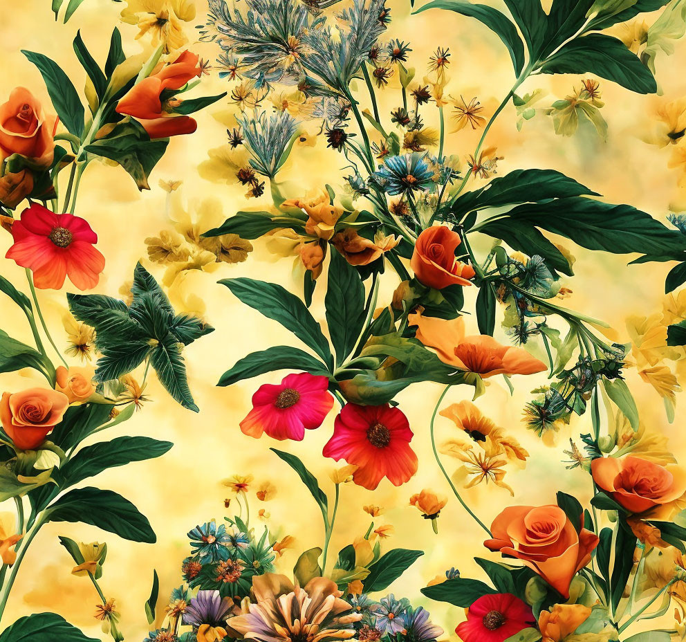 Colorful floral pattern on warm yellow background: vintage botanical design