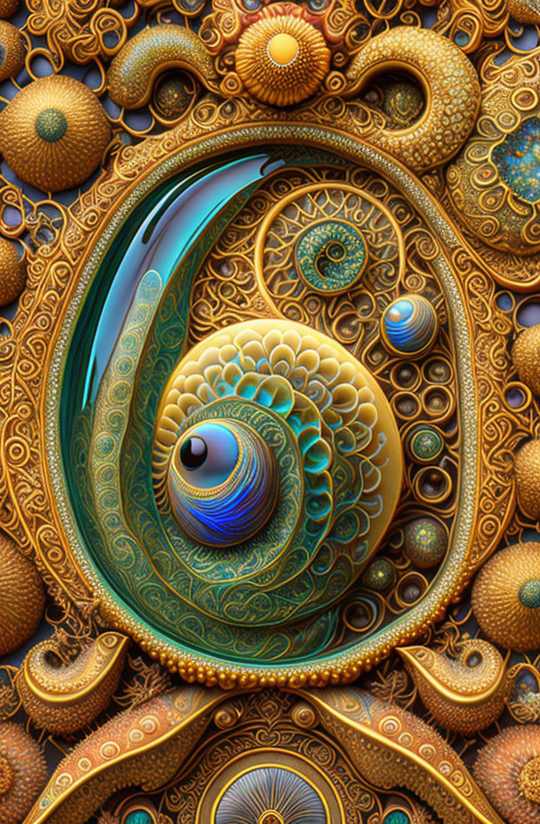 Colorful fractal art: intricate patterns with vibrant colors and eye-like centerpiece surrounded by spheres