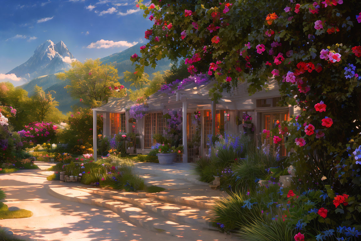 Tranquil garden scene with pathway, glasshouse, flowers, trees, and mountain