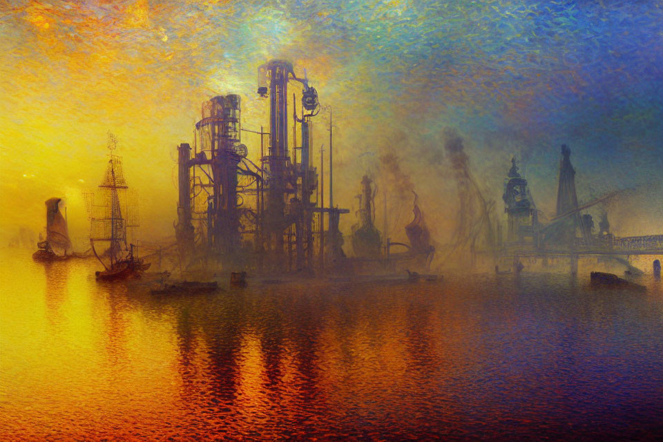 Vibrant industrial landscape with boats and fog reflected on water