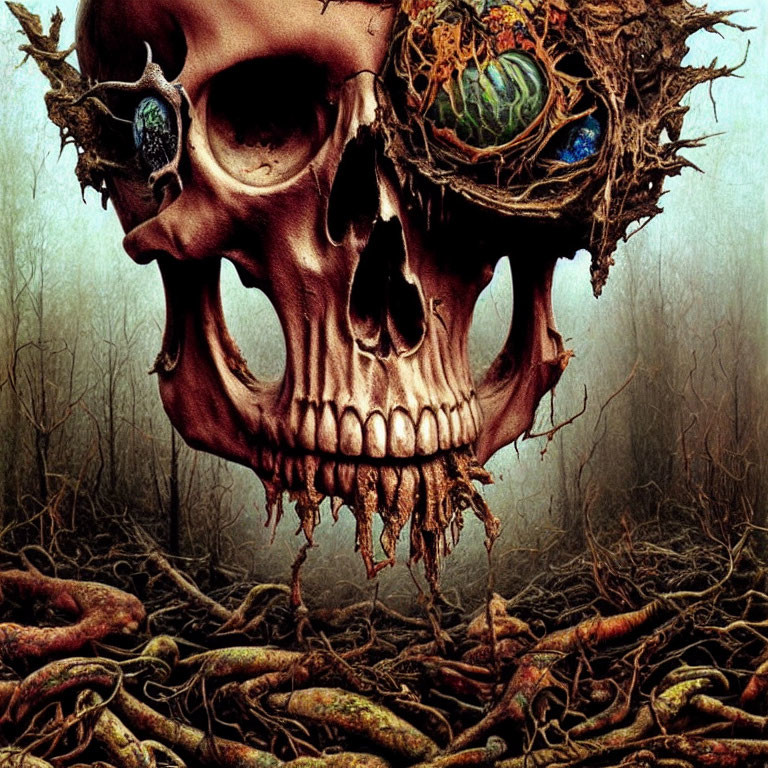 Skull with Nest-Filled Eye Socket in Dark Forest Setting