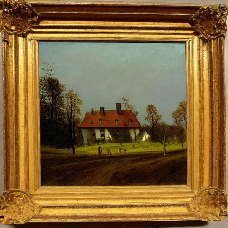 Quaint house in serene landscape with autumn trees in golden frame