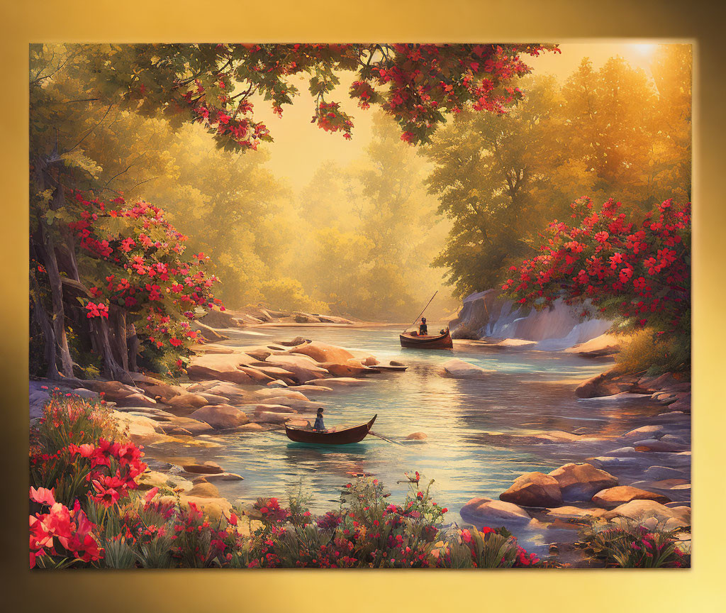 Tranquil river scene in sunlit forest with blooming flowers and person in canoe