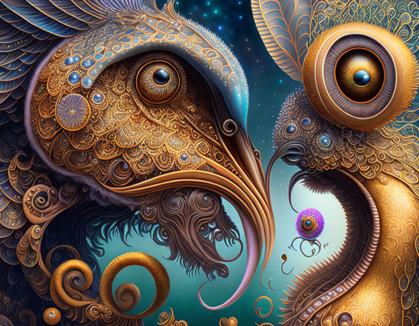 Intricately designed surreal owls with detailed eyes and ornate feathers in blues, oranges,