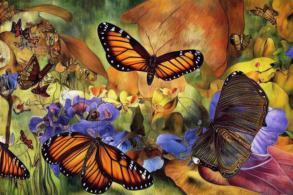 Colorful Butterfly Painting Among Vibrant Flowers