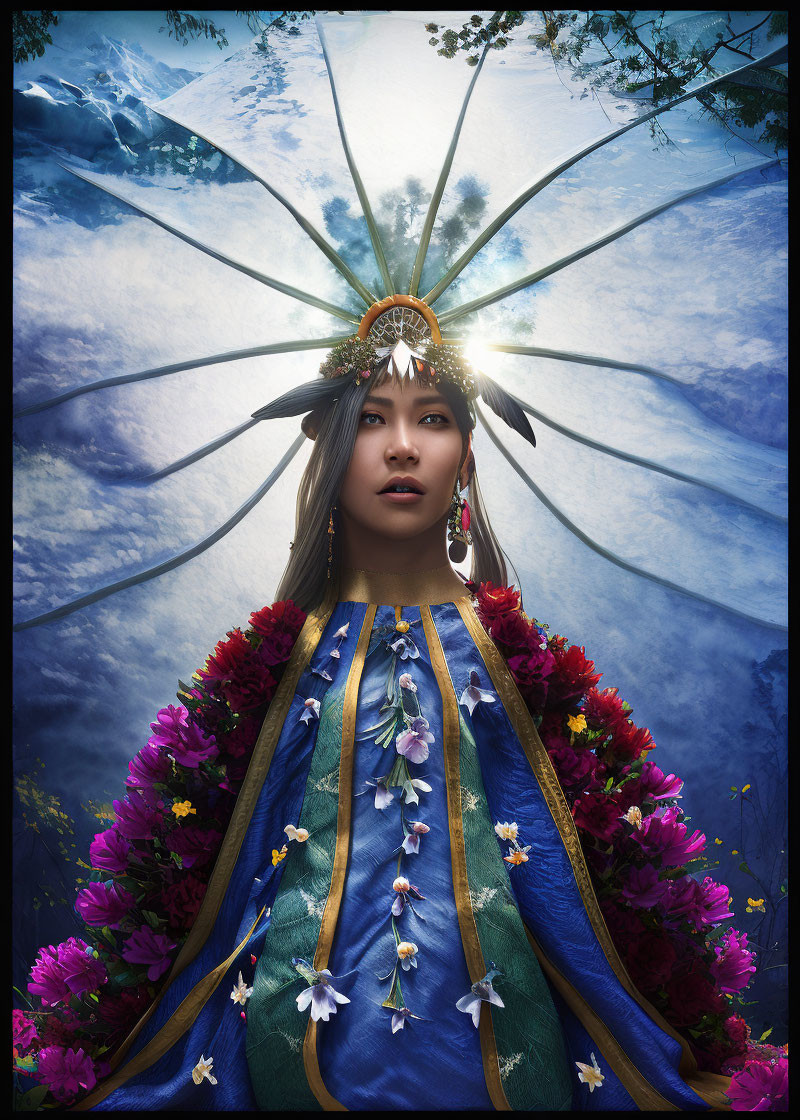 Woman with ornate headdress in surreal floral scene.