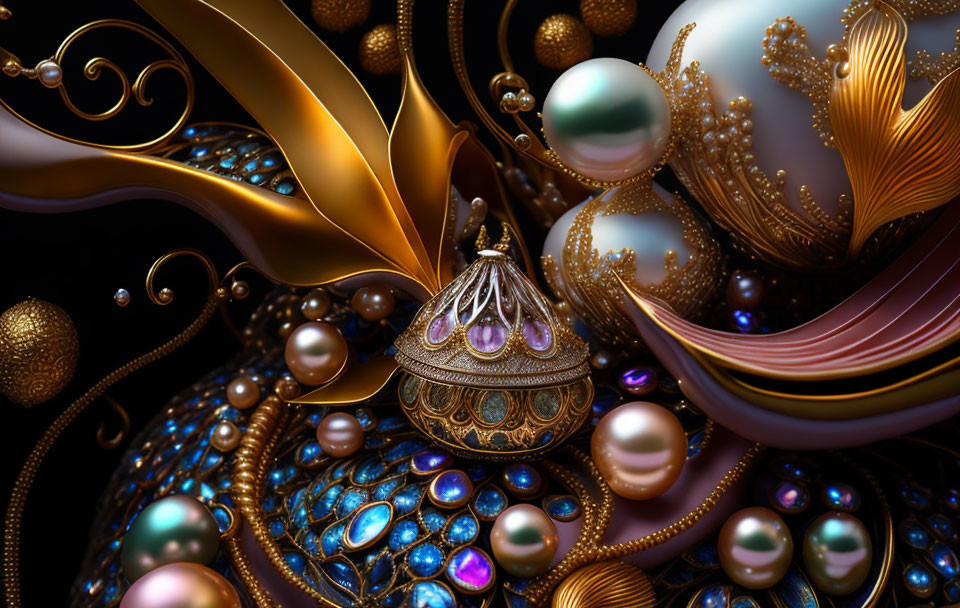 Opulent abstract design with golden swirls, pearls, and peacock-colored beadwork