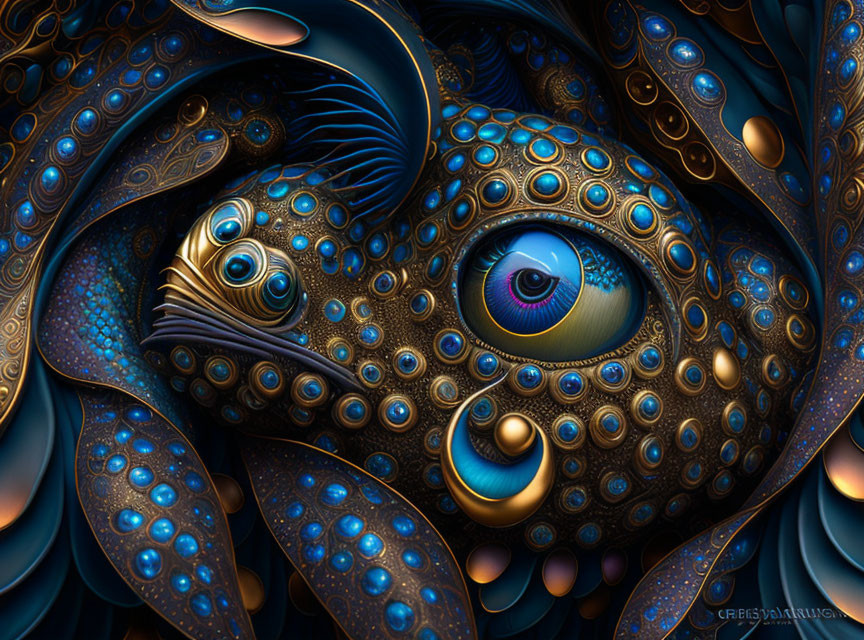 Stylized fish digital artwork with intricate blue, gold, and brown patterns