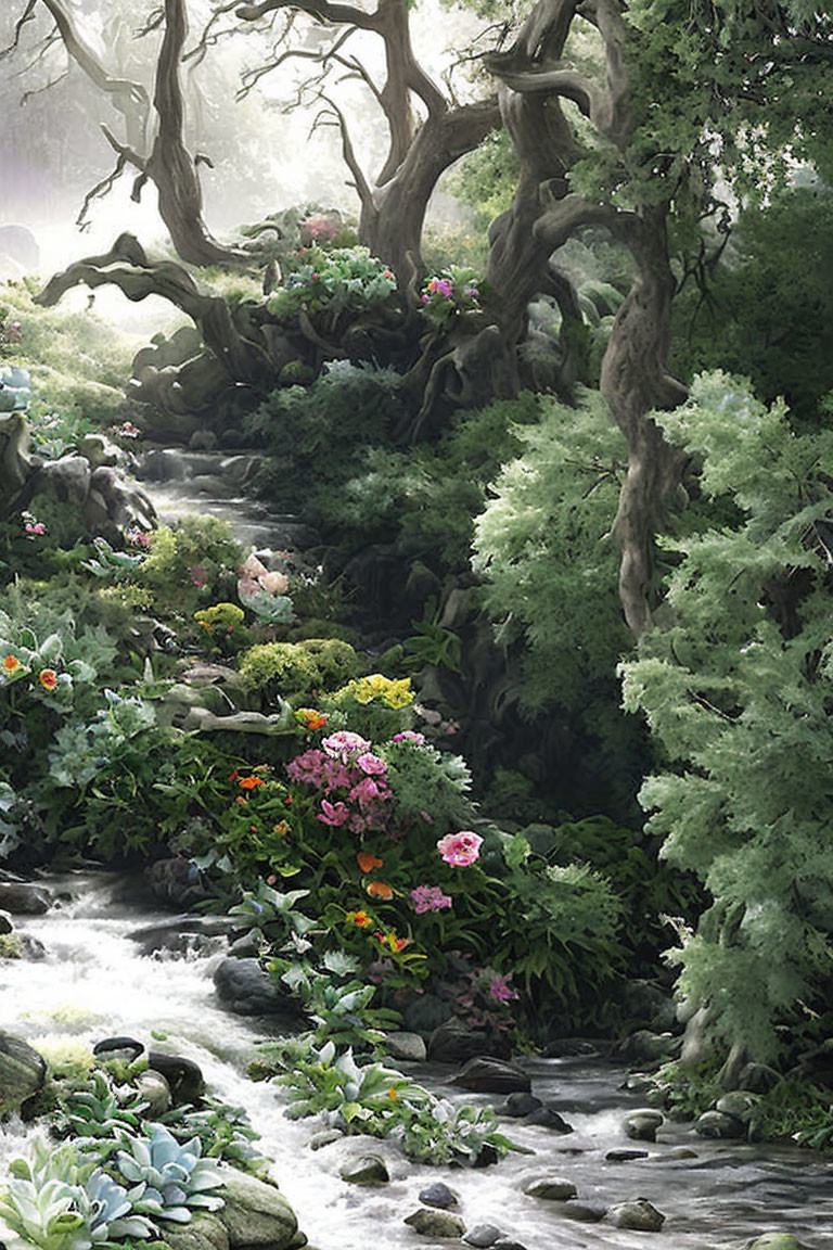 Lush forest scene with babbling brook, vibrant flowers, and misty ambiance
