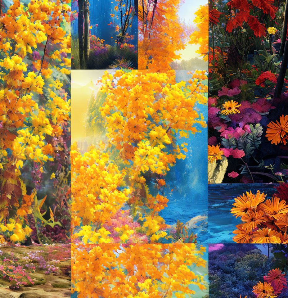 Colorful Floral Collage of Sunlit Forest, River, and Gardens in Autumn