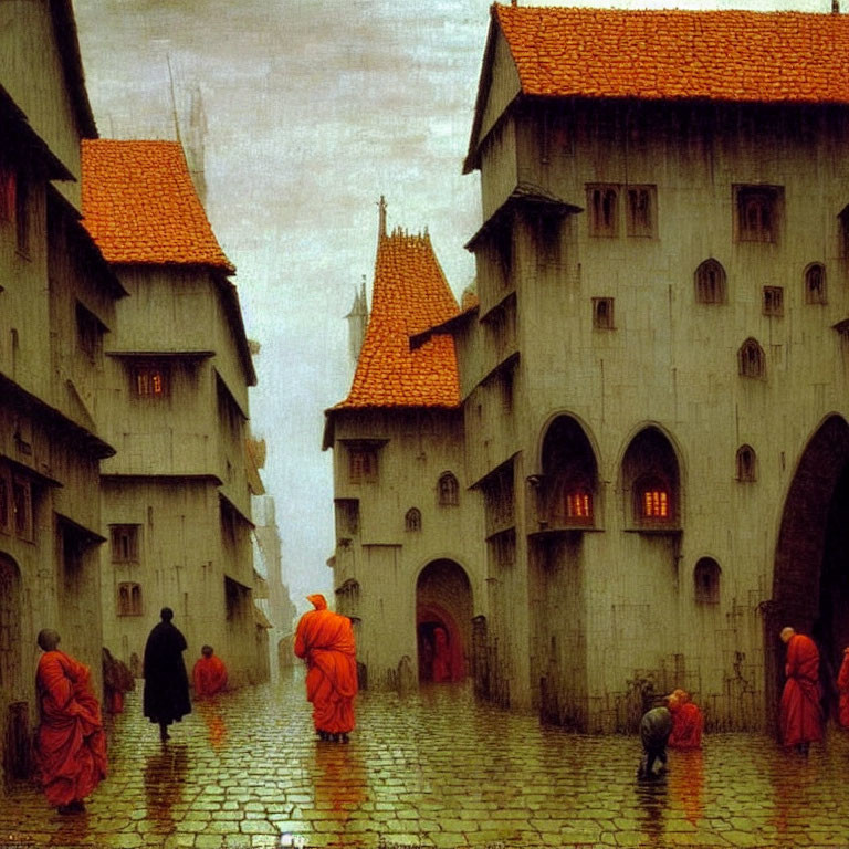 Medieval painting: robed figures on cobblestone street amid stone buildings under gloomy sky