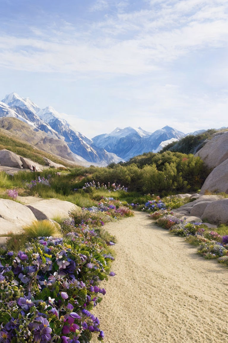 Scenic dirt path with purple flowers and snow-capped mountains