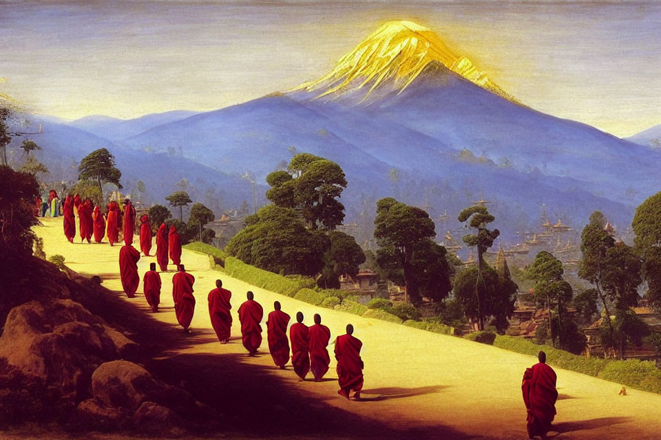 Red-robed figures in procession near golden-peaked mountain