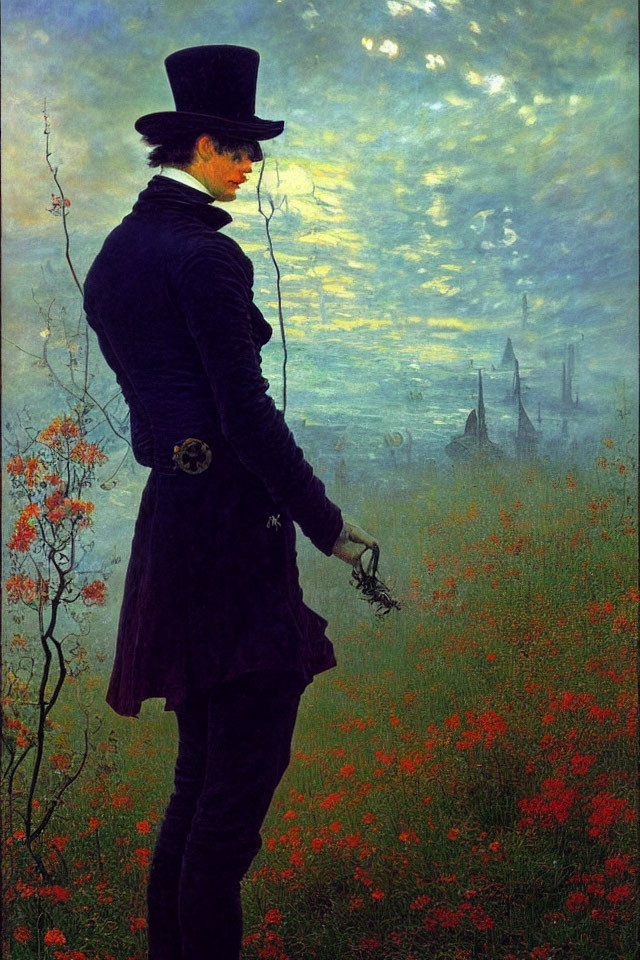 Elegant Figure in 19th-Century Attire with Flowers in Field against Industrial Background