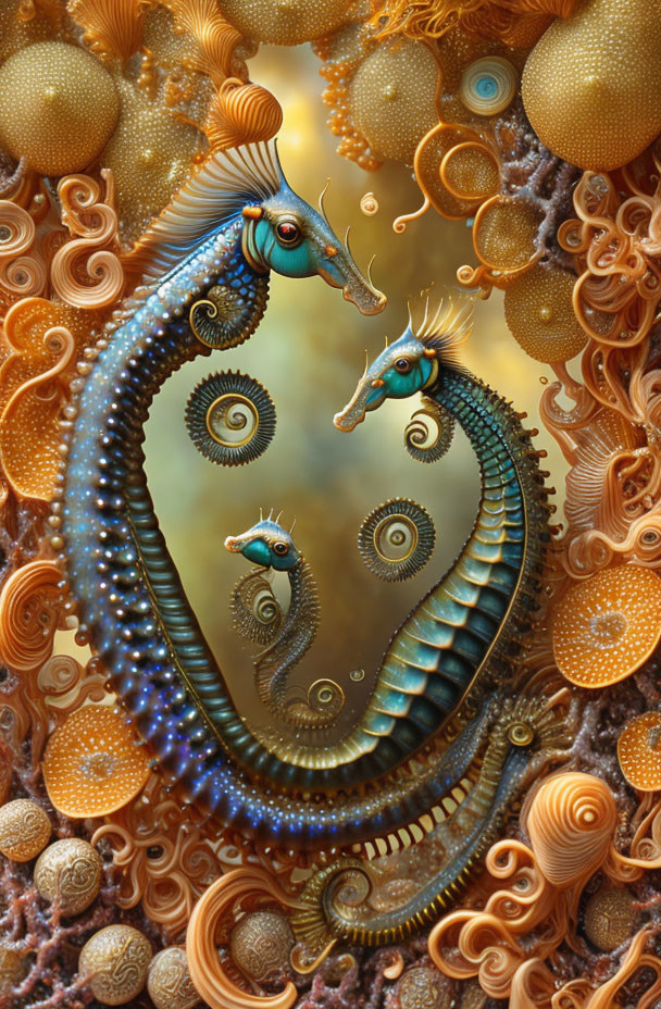 Intricate seahorse-like creatures with swirling tails in coral-like fractal patterns