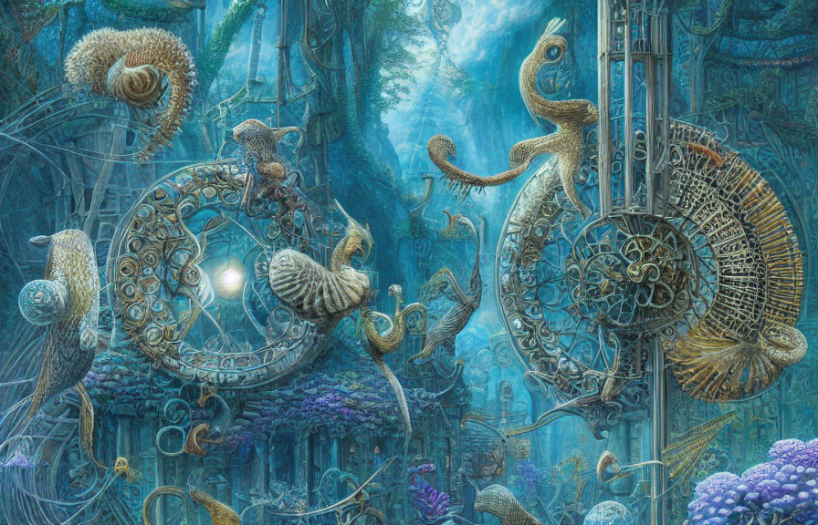 Ornate Mechanical Sea Creatures in Fantastical Underwater Scene