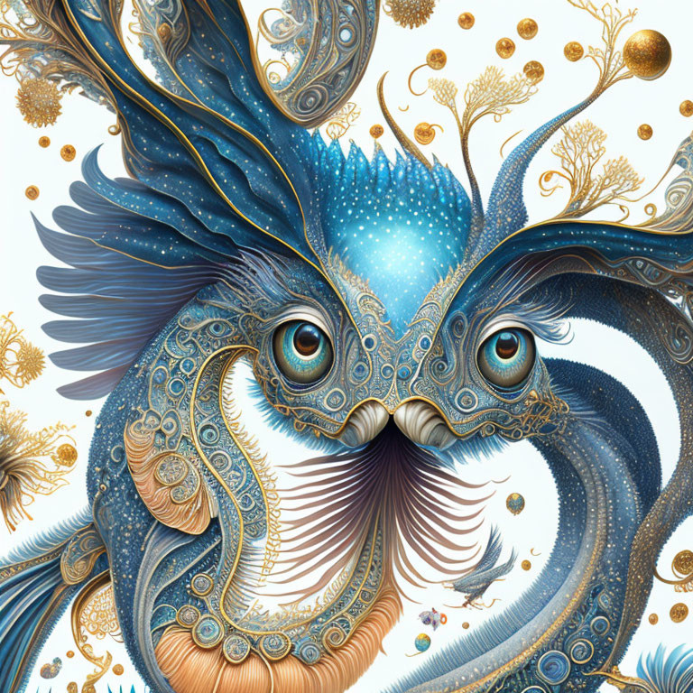 Detailed fantastical creature illustration with intricate plumage and soulful eyes.