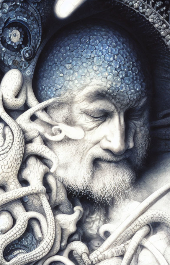 Detailed monochromatic illustration: Elderly man with octopus creatures entwined.