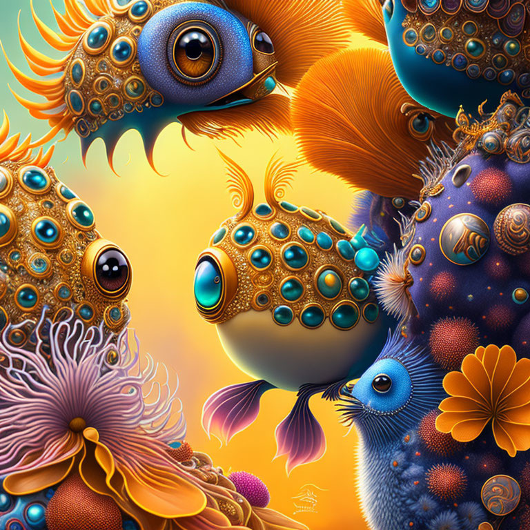 Colorful Stylized Marine Life with Expressive Eyes in Warm Aquatic Setting