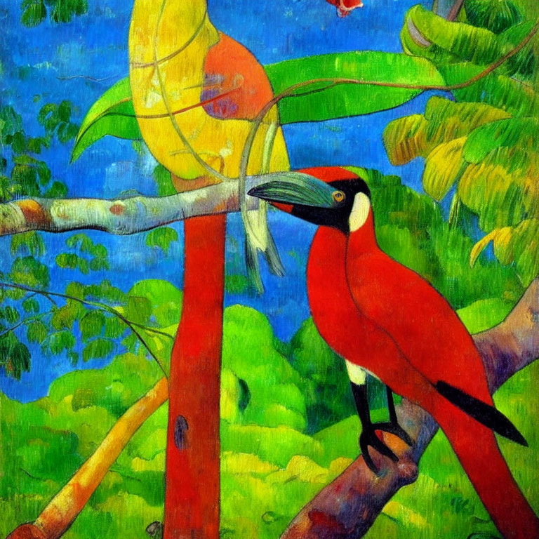 Vibrant tropical jungle painting with red toucan on branch