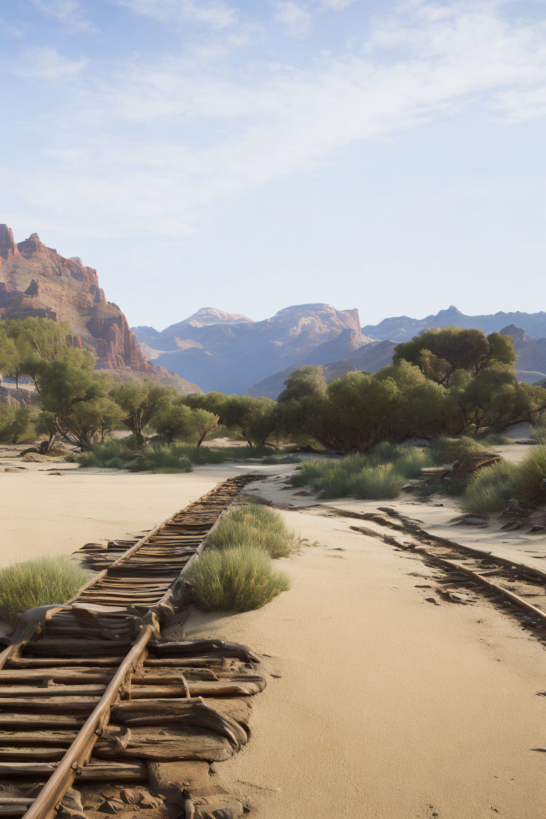 Vintage wooden railway track in desert landscape with red rock formations