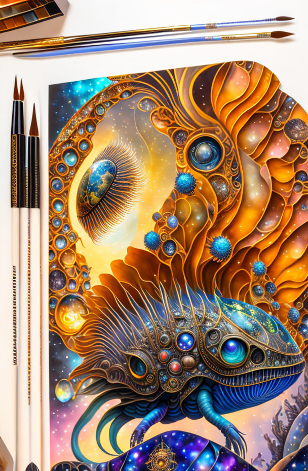 Colorful surreal painting of eye-adorned creature with cosmic elements