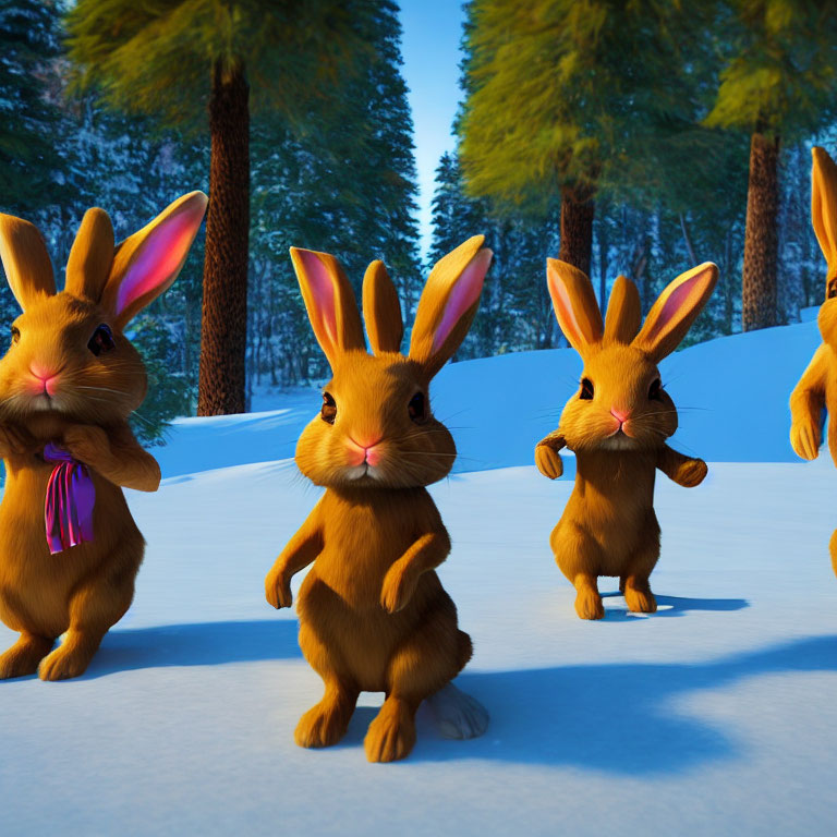 Anthropomorphic rabbits with backpacks in snowy forest scene