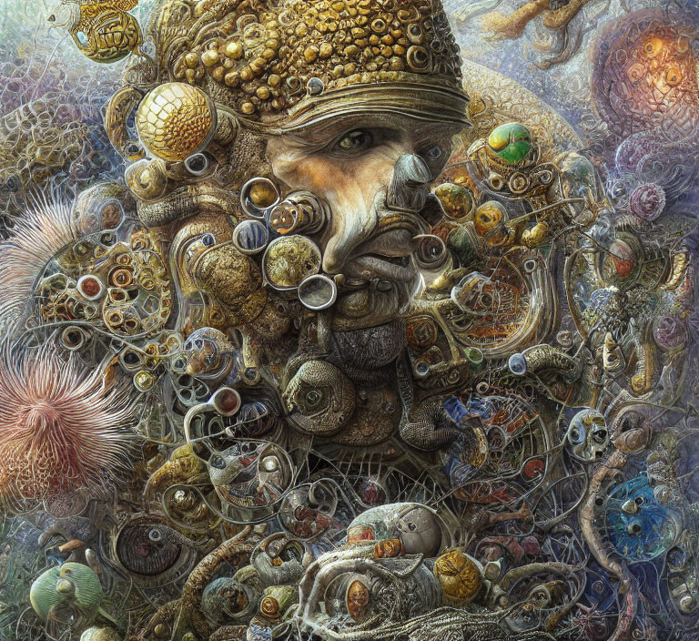 Intricate Artwork Featuring Central Figure Surrounded by Surreal Shapes