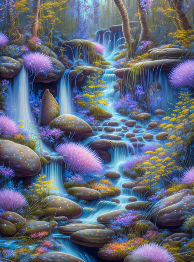 Mystical forest digital artwork with purple foliage and glowing mushrooms