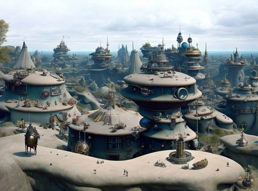 Mushroom-shaped buildings in rocky fantasy landscape