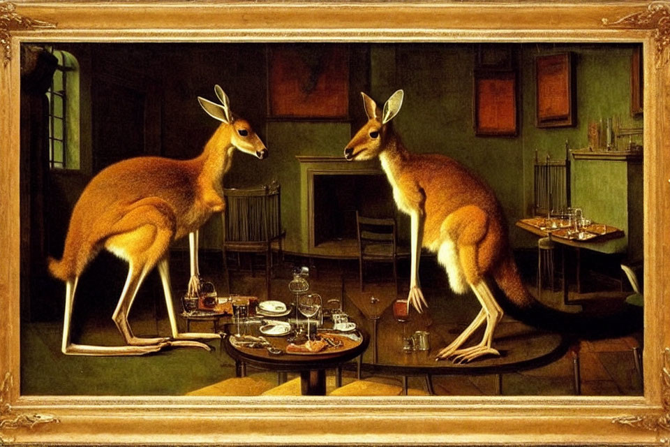 Classical painting of humanized kangaroos in domestic scene