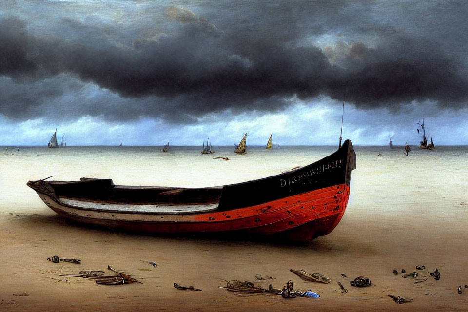 Beached boat named "Discovery" under moody sky with sailing boats and marine objects.