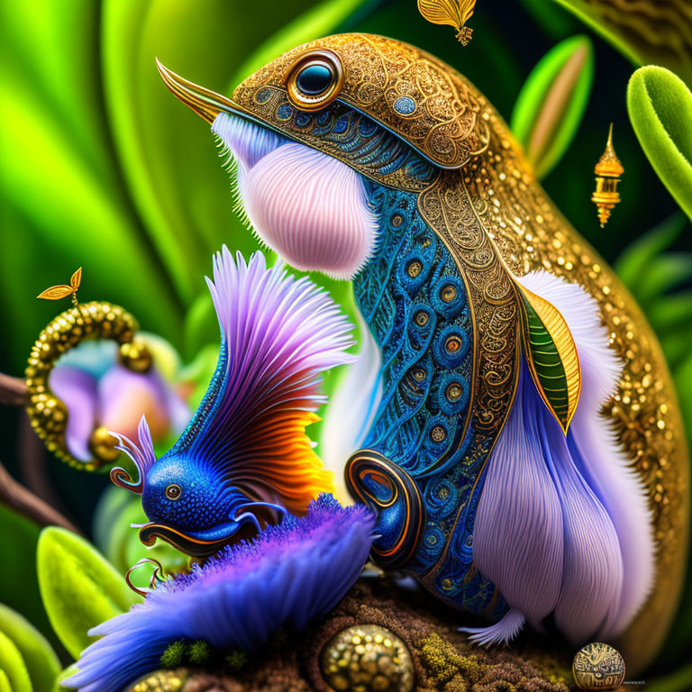 Colorful digital artwork of ornate bird and fish in lush scenery