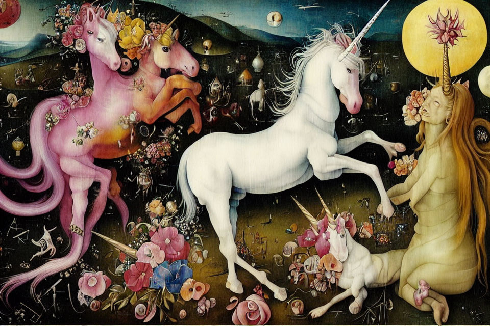 Fantastical painting of unicorns, equine figure, flowers, moon, and sun