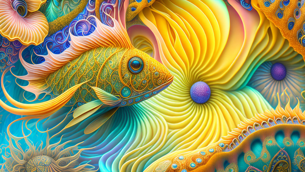 Colorful digital artwork of stylized fish swimming among abstract sea elements