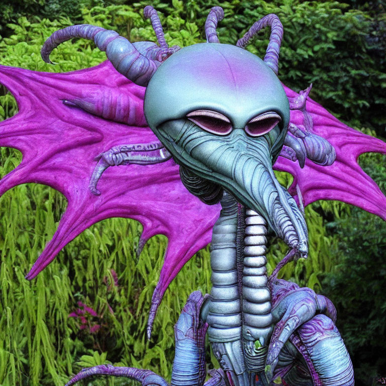 Alien creature with purple exoskeleton, pink wings, and tentacles in green foliage