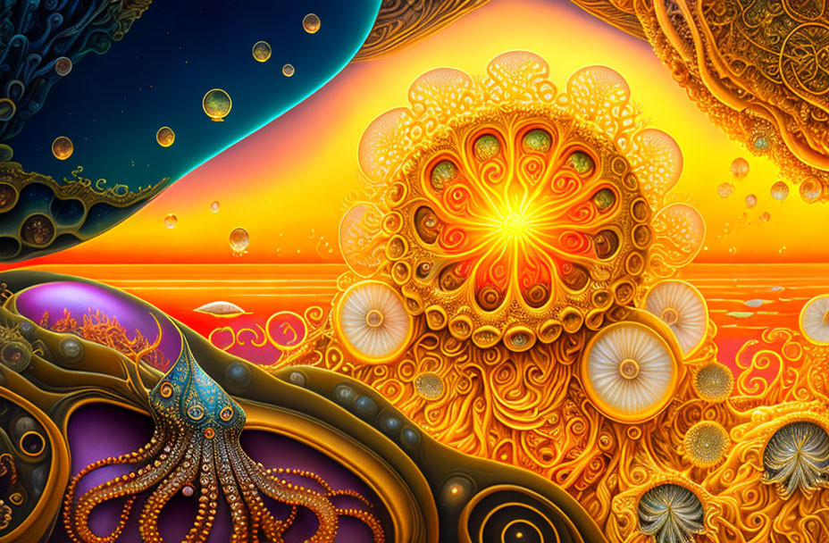 Colorful Psychedelic Art with Sunset Sky and Cosmic Marine Life