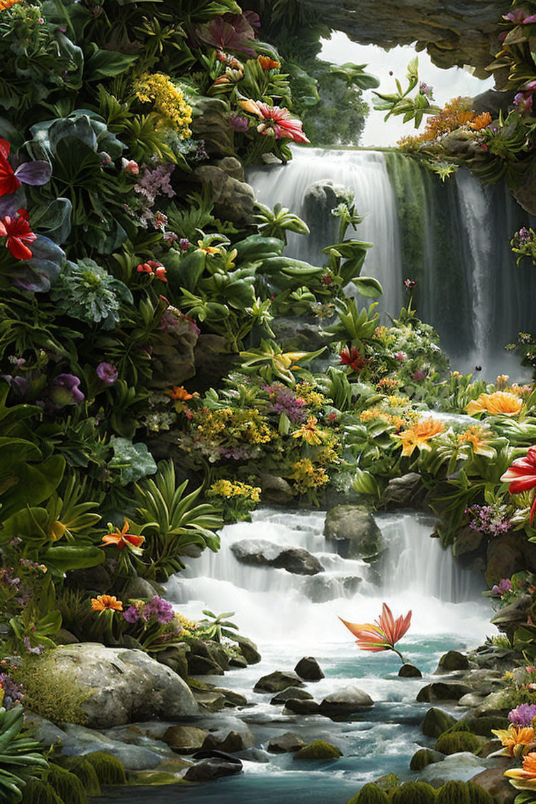 Tranquil Waterfall in Lush Botanical Paradise