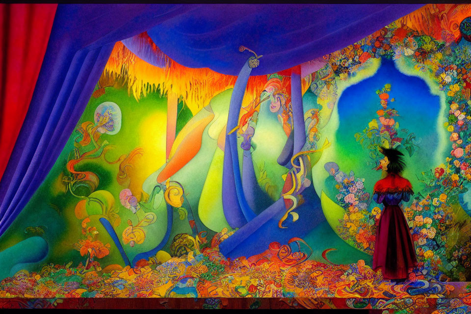 Colorful Psychedelic Artwork Featuring Figure in Dark Cloak and Whimsical Scene