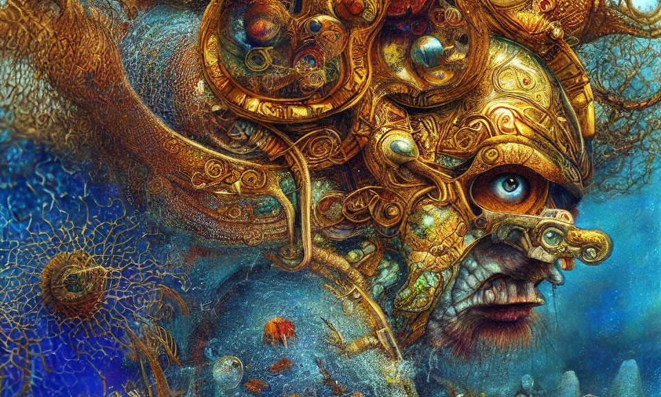 Surreal digital artwork: Cyborg with golden gears and organic elements on blue backdrop