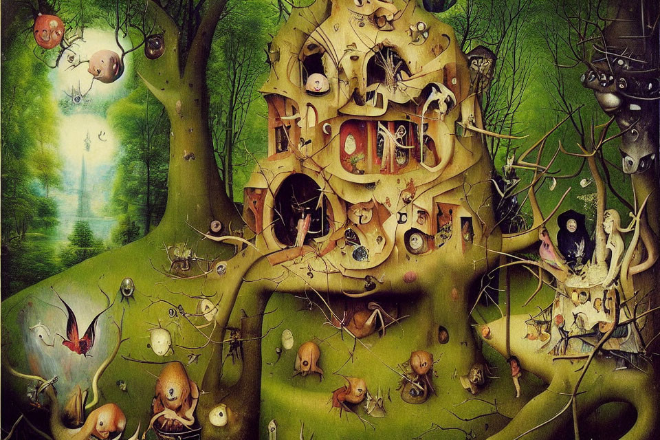 Fantastical treehouse with creatures in lush greenery