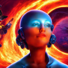 Colorful digital artwork: Child with starry bald head in psychedelic fantasy scene