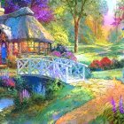 Colorful flora, whimsical structures, and serene river in fantasy landscape