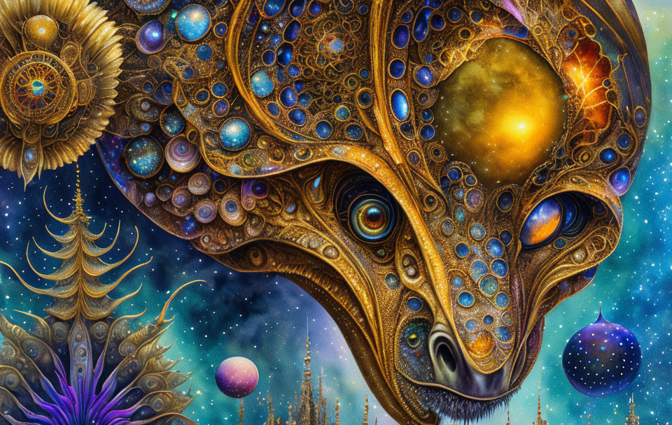 Fantastical surrealism with cosmic imagery and intricate patterns