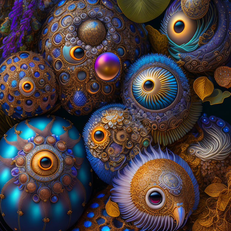 Colorful ornate spherical objects with intricate patterns in a fantastical display.