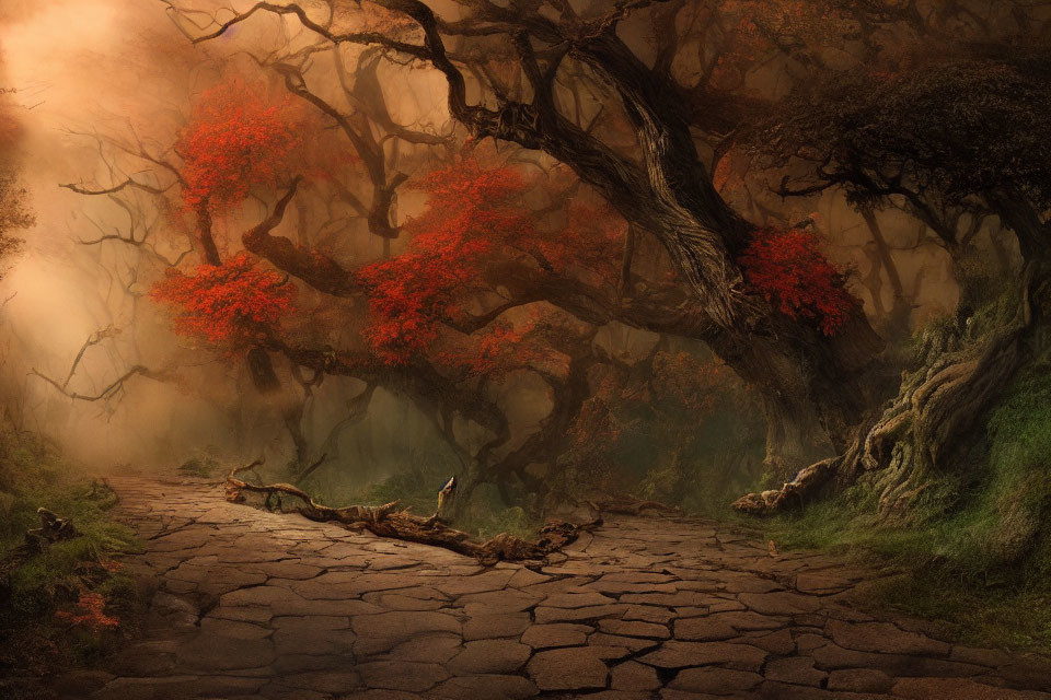 Red-leaved trees and cobblestone path in mystical forest setting