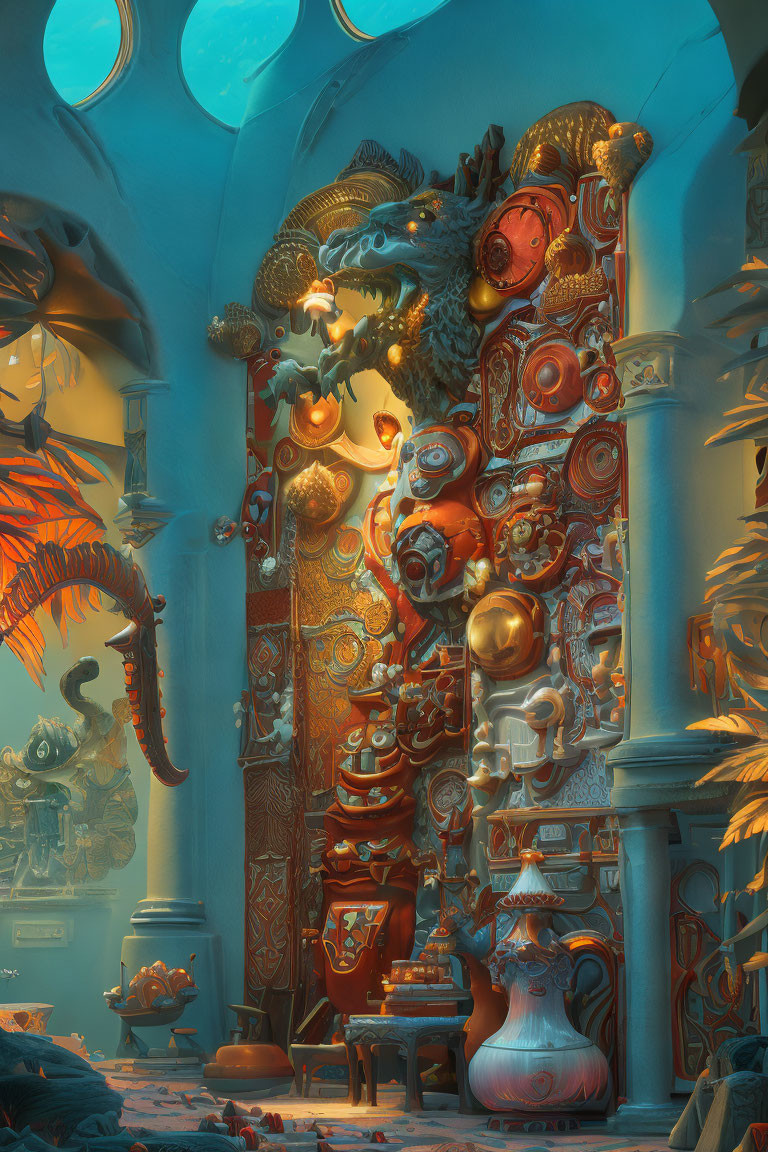 Fantastical Room with Red and Gold Door, Alien Plants, Sculptures, and Surreal Art