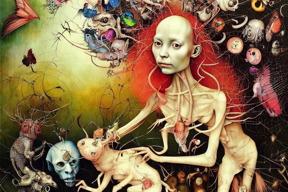 Surreal artwork: Pale humanoid with creatures in hair, colorful backdrop