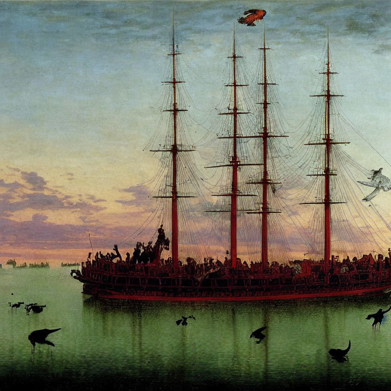 Vintage Painting: Large Ship with Red Sails, Twilight Scene